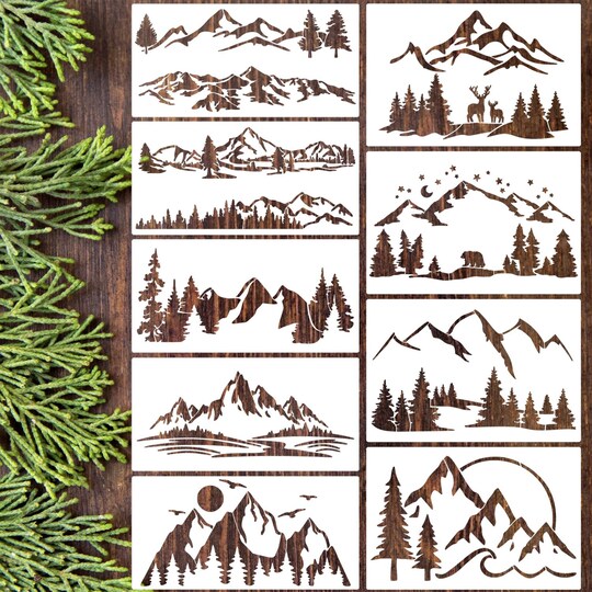 zosylley; Mountain Stencils for Painting Forest Tree Stencil Animal Wood Burning Stencils and Patterns Reusable Drawing Templates for Fabric Furniture Wall DIY Crafts; Category:Paint & Chalk Markers; Image:1